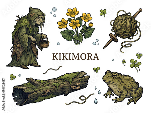 Slavic Folklore Character Kikimora Illustration with Toad Marsh Flowers Spindle and Mossy Log Elements