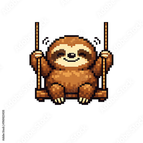 A cute pixel art sloth swinging on a swing with a happy expression