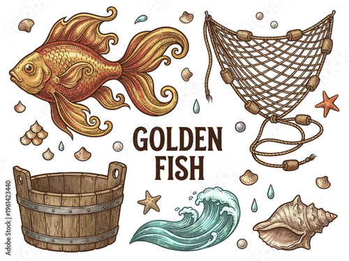Vintage Golden Fish Vector Illustration Set with Fishing Net Wooden Tub Wave and Seashells