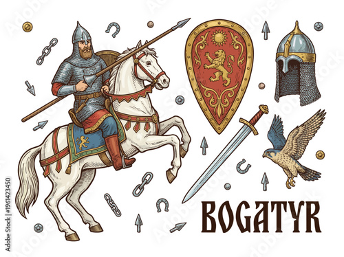 Medieval Slavic Knight Bogatyr on White Horse with Shield Sword and Falcon Vector Illustration