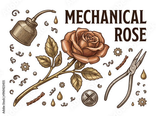 Vintage Steampunk Mechanical Rose with Industrial Tools, Gears, and Oil Can Vector Illustration