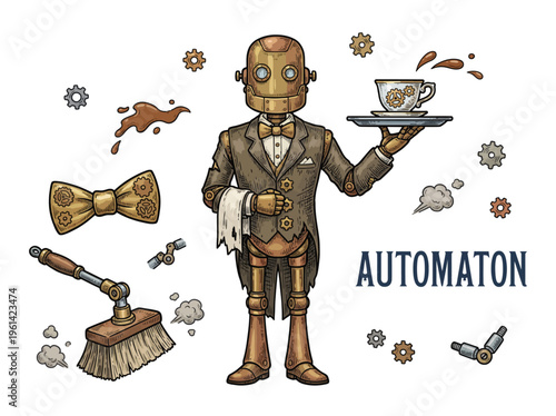 Vintage Steampunk Robot Butler Illustration, Victorian Automaton Character in Suit Serving Coffee with Gears and Mechanical Details