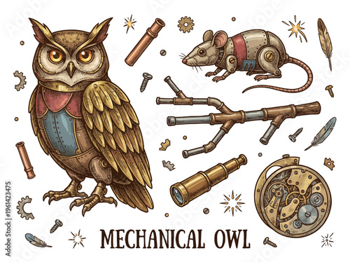 Steampunk Mechanical Owl and Mouse Collection, Vintage Clockwork Vector Illustration Set with Gears, Spyglass, and Industrial Metallic Elements