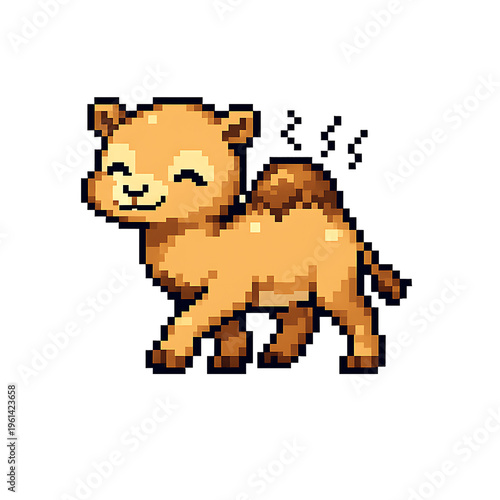 Smiling brown pixelated animal with a playful fart expression