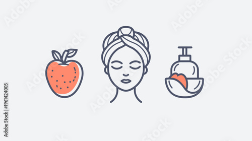 Icons featuring a strawberry, a face with closed eyes and towel, and a lotion bottle