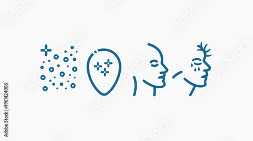 Linear illustration depicting a series of concepts, including particles, brain, facial profiles, and emotion