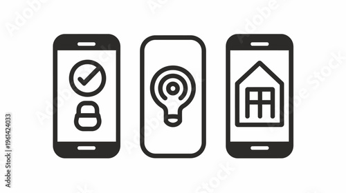 Three smartphones displaying stylized icons for security, lighting, and home automation control