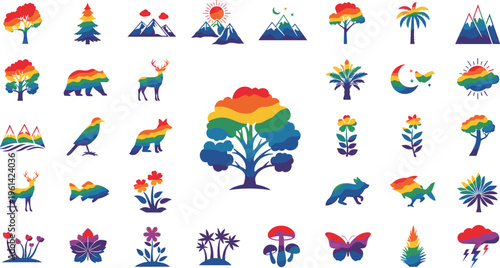 Rainbow colored nature icons set with trees, Animals and flowers