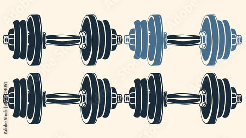 Eight stylized dumbbell illustrations in shades of blue and white, arranged on a beige background