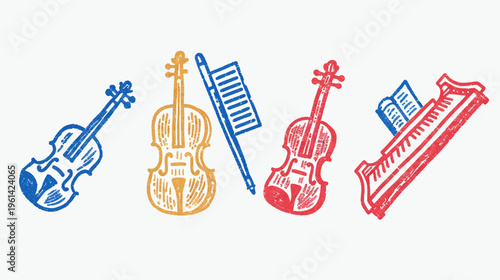 Colorful, stamped-style illustrations of musical instruments including violins, a bow, and a piano