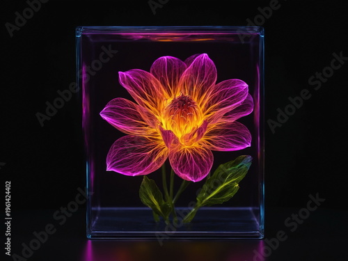 Purple and orange glowing magical flower in glass cube isolated on dark blank background