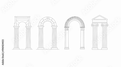 A collection of four classical architecture outlines of arches and columns in a minimalist style