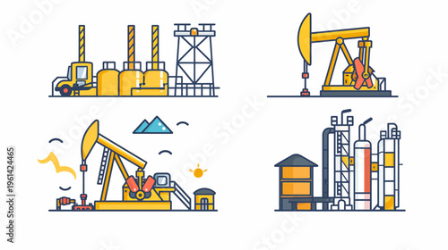 Flat illustration of oil drilling and refining equipment in yellow, orange, and blue colors
