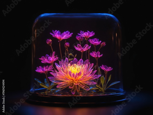Patch of fantastical glowing purple flowers in glass dome