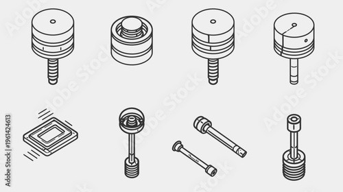 Black and white line drawing of various mechanical components arranged on a light grey background