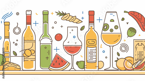 Colorful, line-art illustration featuring bottles, glasses, and fresh fruit. Includes various ingredients and garnishes