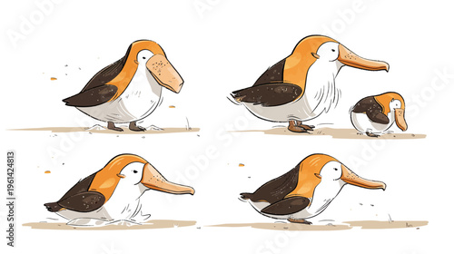 A four-panel illustration depicts stylized, cartoonish birds with oversized beaks on a sandy ground