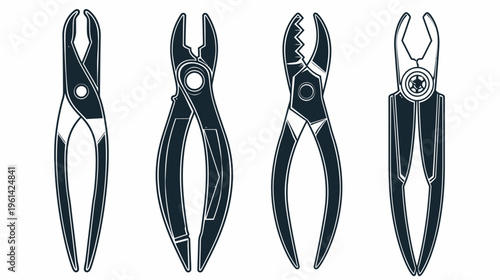 A collection of four different pliers, each with a unique jaw and handle design, set against a white background