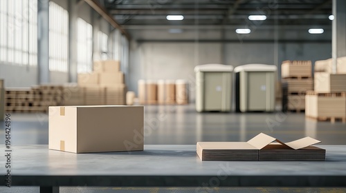 Cardboard Boxes Neatly Grouped on Shelves in a Spacious Warehouse for Efficient Logistics Solutions