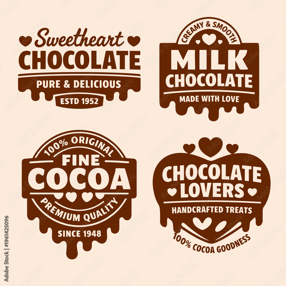 Obraz premium Collection of Four Vintage Brown Chocolate Typography Logos and Badges Set, Sweetheart Chocolate, Milk Chocolate, Fine Cocoa and Chocolate Lovers, Retro Dripping Design Elements