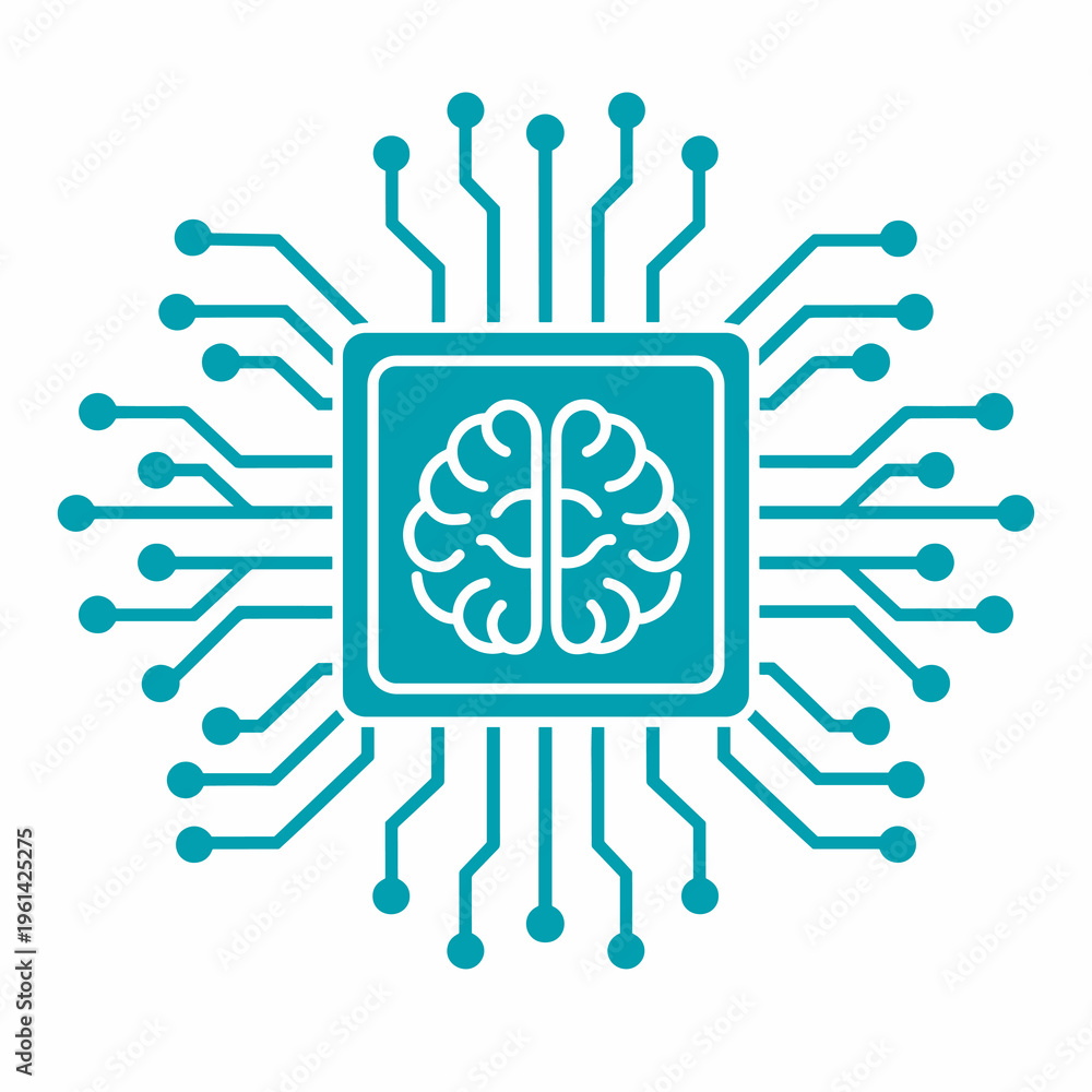 Fototapeta premium Flat Vector AI Brain Chip Icon – Teal Digital Neural Processor with Circuit Connections
