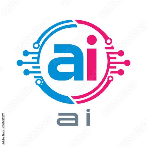 Blue and pink AI icon with neural network lines and microprocessor elements.
