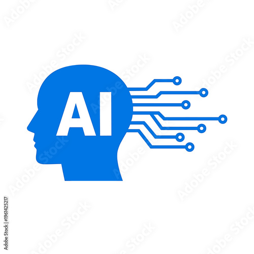 Human brain technology logo, AI text on blue silhouette with neural network connections.