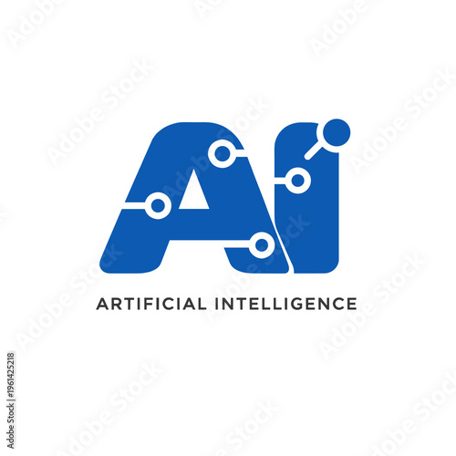 Blue AI typography icon with neural network connections and technology text.
