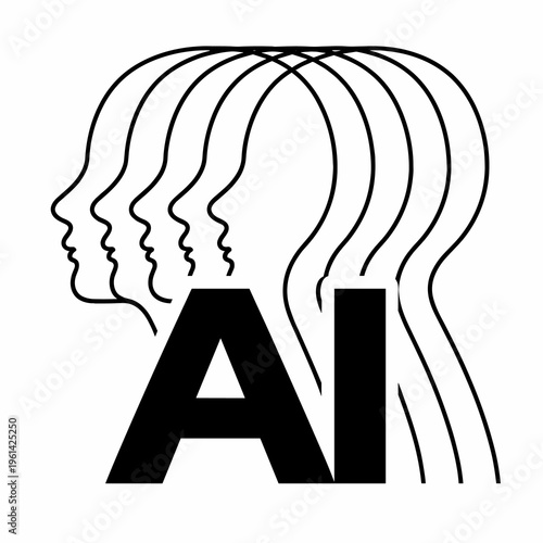 Black and White AI Logo - Multiple Layered Human Head Profiles in Continuous Flowing Line Art, Minimalist Flat Vector Design