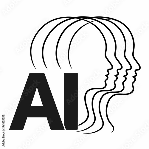 AI artificial intelligence concept with multiple human head silhouettes and wavy lines.