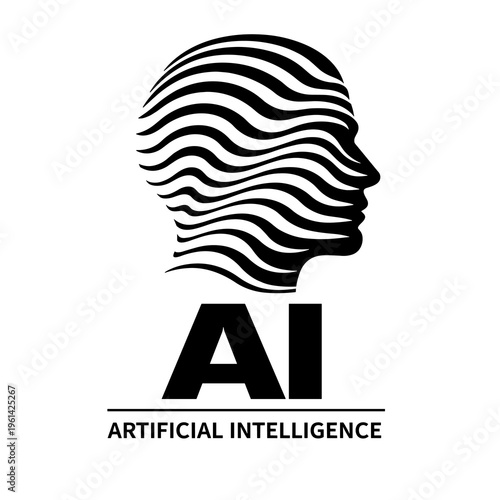 Creative cyber intelligence icon, human profile with digital waves and AI typography.