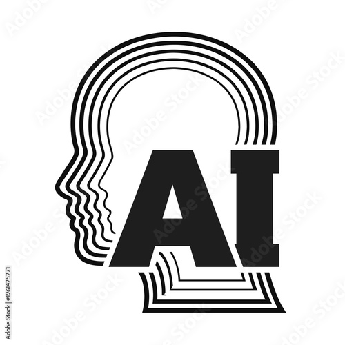 Creative cyber intelligence icon, human profile with digital waves and AI text, black and white.