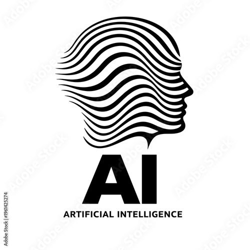 Creative AI concept icon, abstract human profile with wavy lines, black and white vector.
