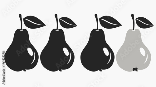Four pears, three black and one gray, arranged in a row with leaves and stems