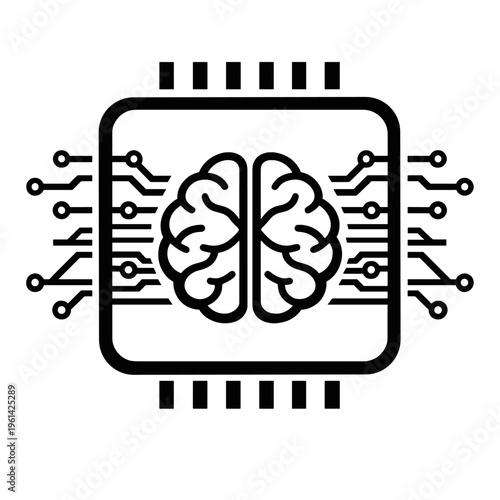  AI microprocessor with human brain circuit, black and white vector illustration.