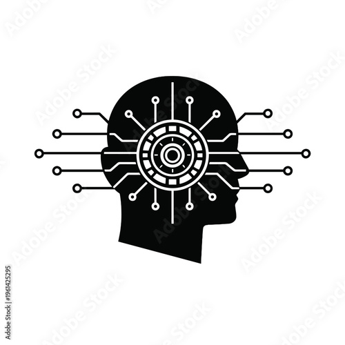 Black and White AI Head with Circuit Brain Logo