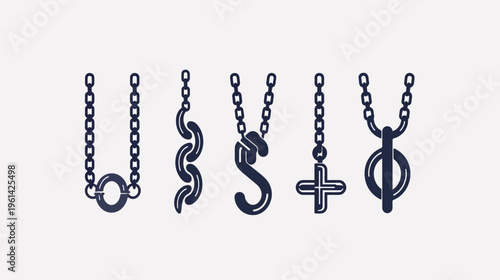 Five stylized dark blue pendant necklaces with chains on a white background