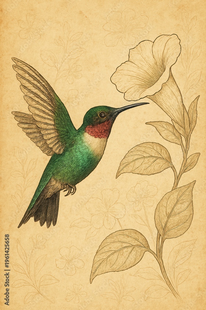 Fototapeta premium Antique style colored engraving of a hovering hummingbird and blossoms