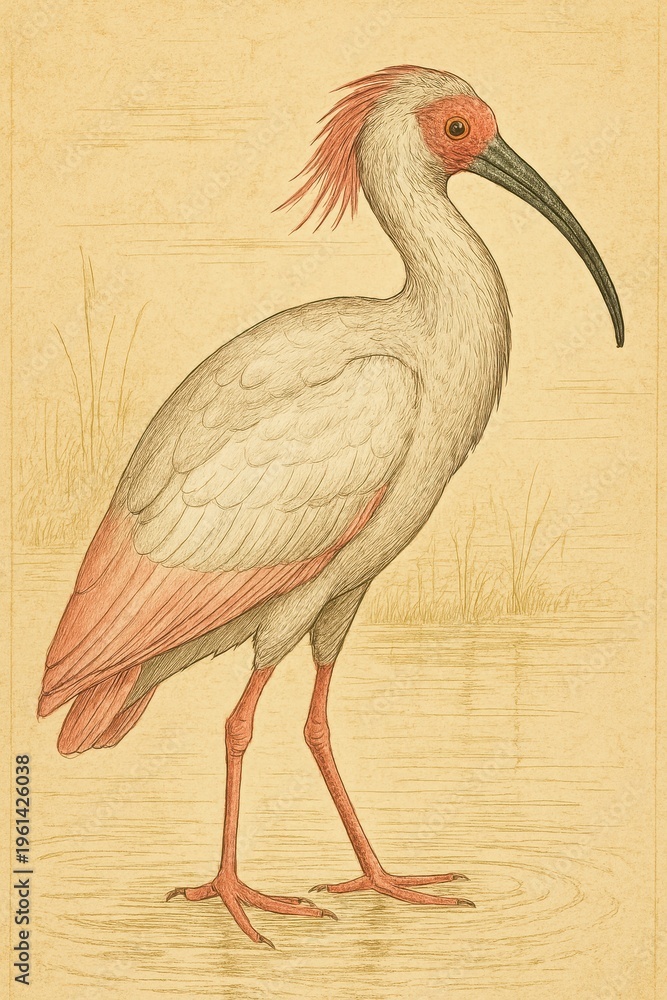 Fototapeta premium Old ornithological artwork featuring a pink crested ibis in a wetland setting