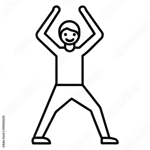 Line art illustration of a happy person with arms raised above head standing in a wide stance