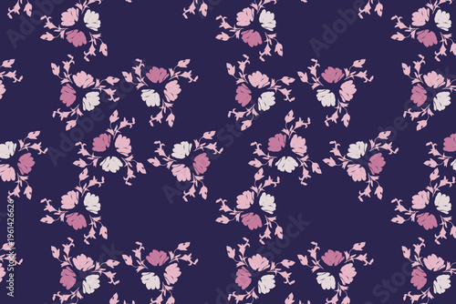 Clusters of delicate pink flowers on a rich navy blue canvas ideal for boutique packaging evening wear and romantic event stationery