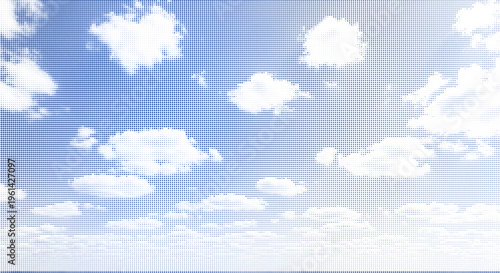 Blue sky with clouds represented by halftone dots for abstract retro design.