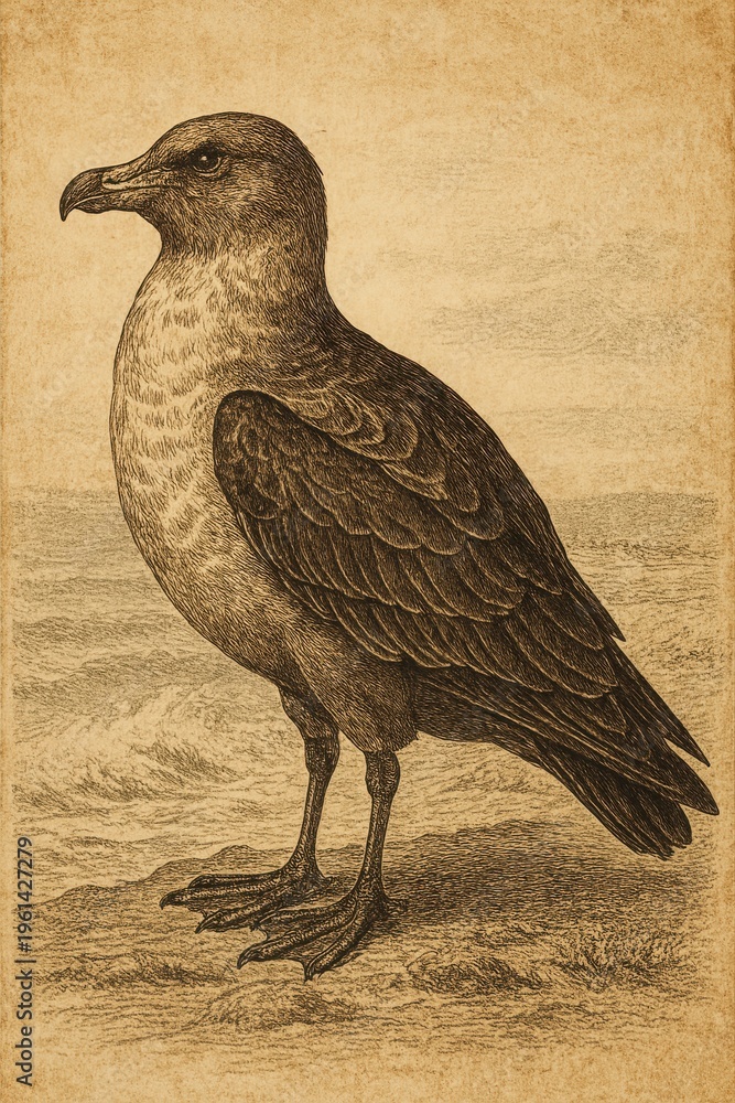 Fototapeta premium Old ornithological artwork featuring a detailed skua with brown plumage