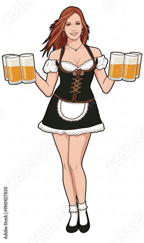 Beer Festival Waitress Holding Two Glasses of Lager – Retro Pinup Woman Vector Illustration