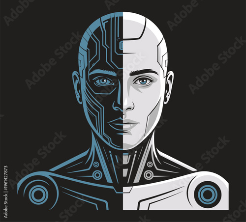 Split face portrait of a human and a robot showing a cyborg head with circuit board patterns and metallic plating against a dark background