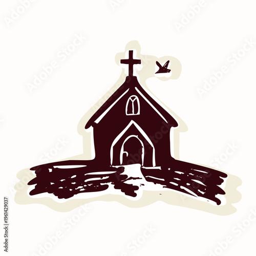 Pilgrimage church on the Europe chapel , shrine or catholic pilgrimage monastery icon. Hand drawn black and white isolated motif for faith based religious design element. Camino map symbol.