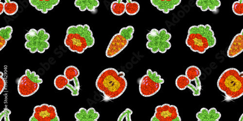 Seamless glitter sticker pattern with strawberries, cherries, carrots, flowers and clovers on black background. Bright shiny repeating texture for fabric, wrapping paper, stationery, prints.