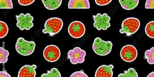 Seamless glitter sticker pattern with strawberries, frogs, tomatoes, flowers, watermelon slices on black background. Bright glossy repeating texture for fabric, wrapping paper, stationery, and prints.
