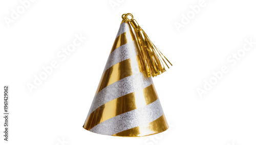 Golden striped party hat with shimmering metallic fringe, perfectly presented isolated on transparent background for celebrations