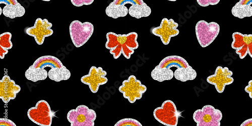 Seamless glitter sticker pattern with rainbows, hearts, flowers, bows and clouds on black background. Bright shiny repeating texture for fabric, wrapping paper, stationery, prints and packaging.